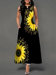 Chic Sunflower Sleeveless Maxi Dress - Vintage Floral, Teens' Casual All-Season Wear with Pocket