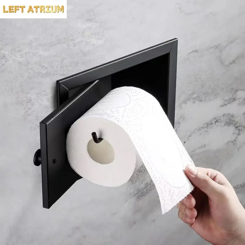Recessed Matte Black Recessed Toilet Paper Roll Holder, Stainless Steel Tissue Paper Holder Storage Box for Bathroom, Kitchen