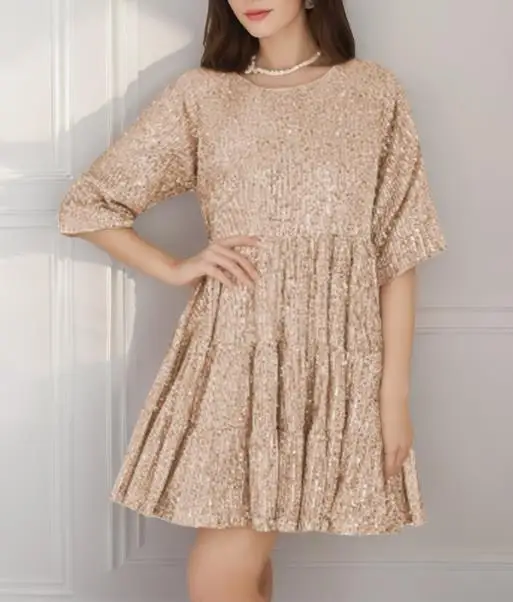 

Fashionable Round Neck Loose Short Sleeved Dress, Summer Trend, Personalized Sequin Decoration, Women's Casual Loose Dress