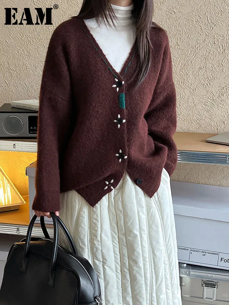 [EAM] Coffee Big Size Vintage Knitting Cardigan Sweater V-Neck Long Sleeve Women New Fashion Tide Spring Autumn 2025 1DH8652