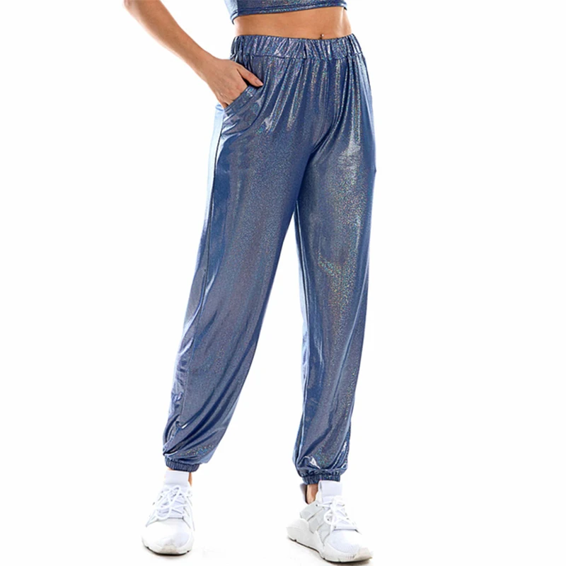 Pantalones de correr metalizados de cintura alta para mujer, pantalones reflectantes brillantes holográficos, pantalones sueltos de baile Hip Hop, ropa de calle