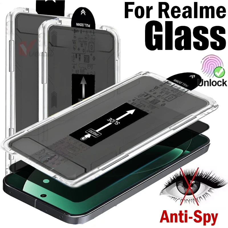 

1-2 шт., без пыли, простая установка, антишпионское закаленное стекло для Realme GT8 Pro GT7 GT8, разблокировка конфиденциальности, защитная крышка для экрана