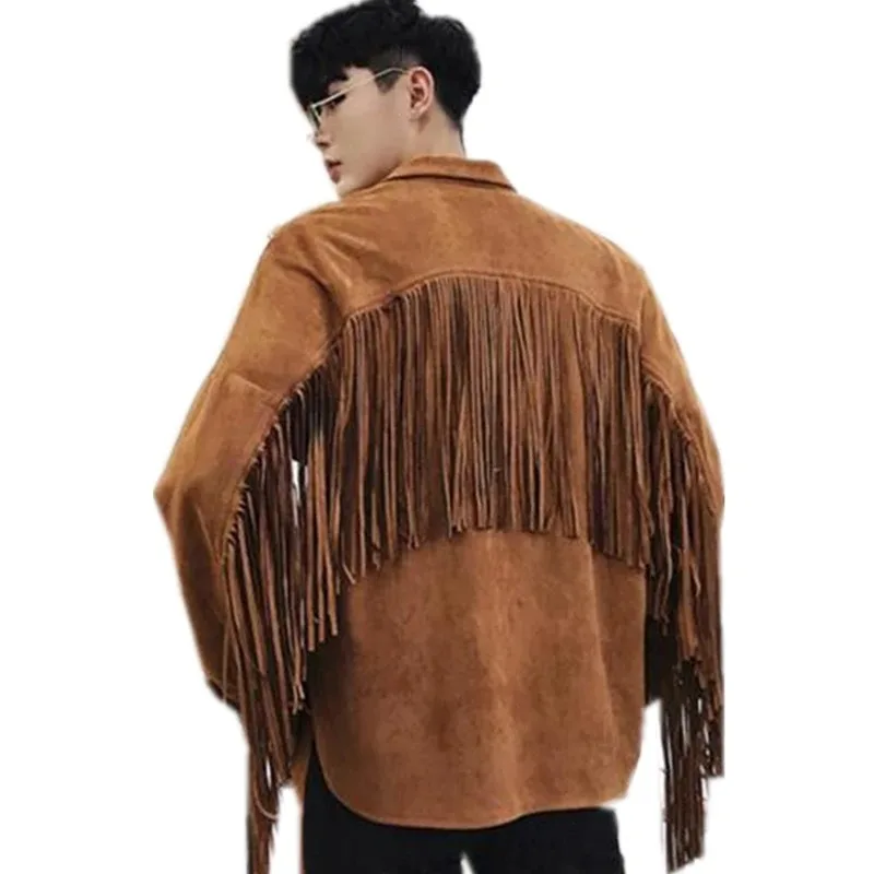 Spring Autumn Men Fringe Shirt Collar Jacket Long Sleeve Faux Suede Tassel Coat Moto Biker Tops Solid Fashion Partywear