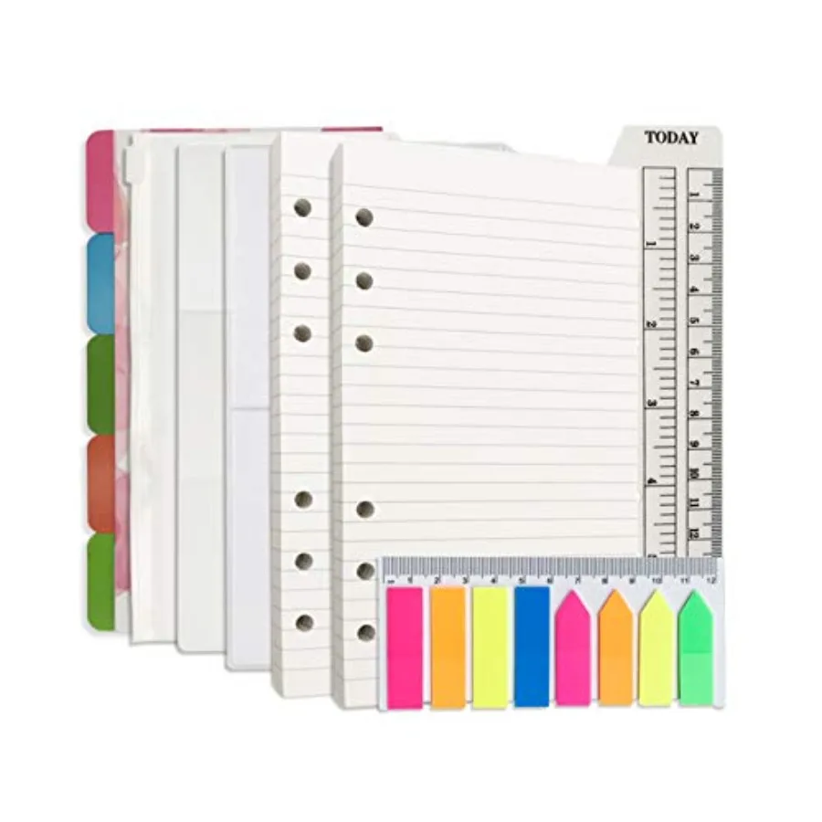 

A6 Refill Paper, 100 Sheets Lined Paper, 6 Hole Punched - 5 Binder Dividers, 3 PVC Pouches, 160 Colored Index Tabs, 1 Quick Pag