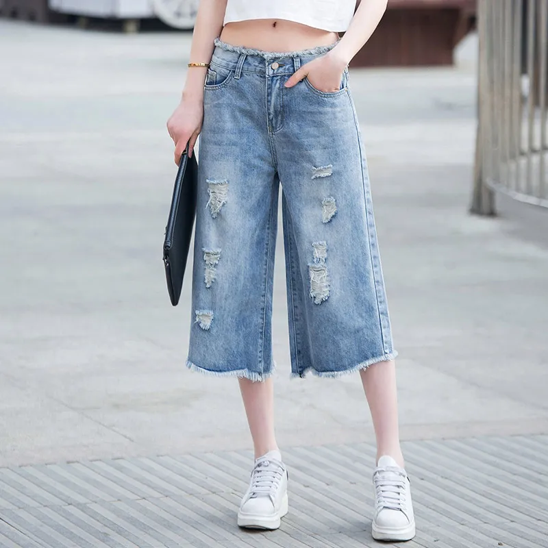 

High Waist Wide Leg Jeans Women's plus Size Loose Frayed Straight Cut Summer Denim Pants Bell Bot Seven-Foot Length