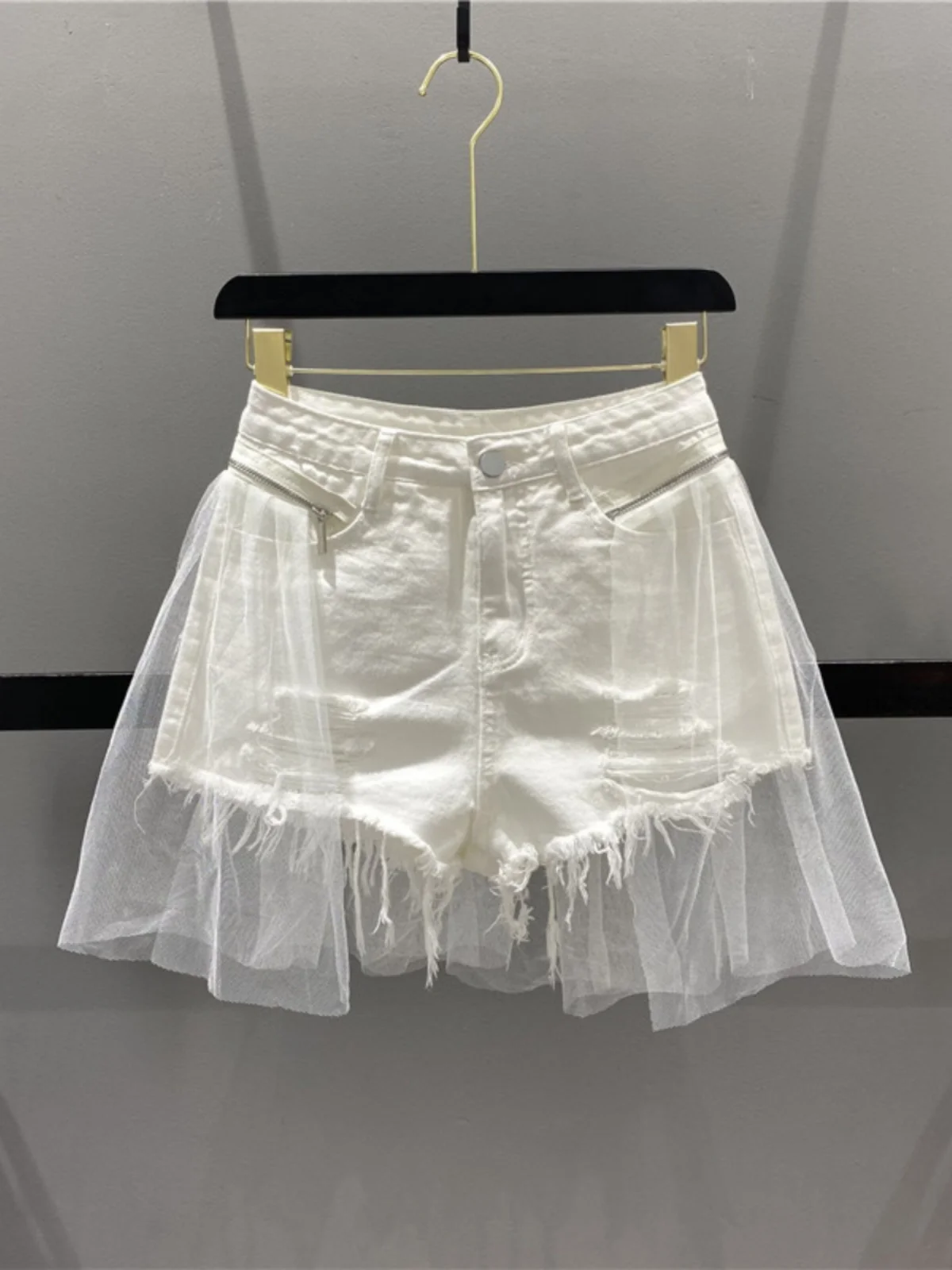 High Waist Denim Shorts Summer Design Net Splicing Fake Two-Piece Women's Wide Leg Jeans Shorts Trendy Cuffed Hem Hot Pants