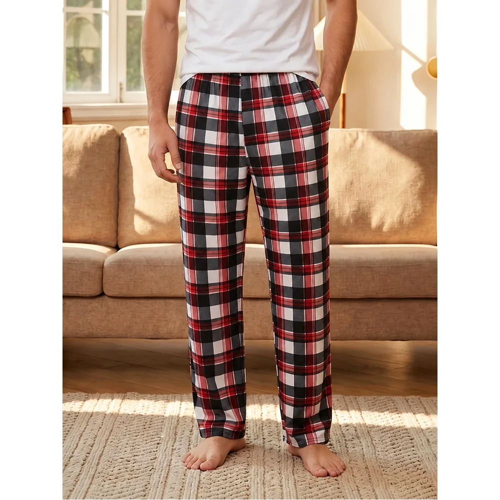 New Men's Pants With Red Checkered Pattern For Home Casual Wear Four Season Lightweight and Breathable Casual Sleeping Pants