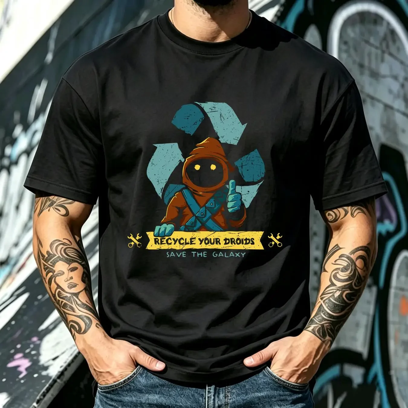 washed T Shirt Save The Galaxy Recycle Your Droids Jawa Peoples Parody Men's long or short sleeves vintage Washed Stylish