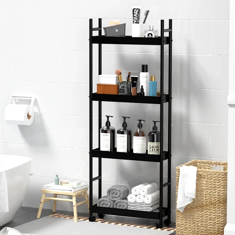 

Bathroom Storage Shelf with Wheels, Kitchen Holders, Floor Type, Movable Stand, Home Organization Racks, 3-4 Layer, 14cm Wide