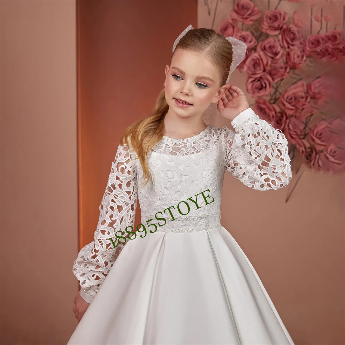 Vestido florido para casamento, frisado de cetim, manga cheia, até o chão, fofo, elegante, infantil, festa de aniversário, primeira comunhão, vestido de baile