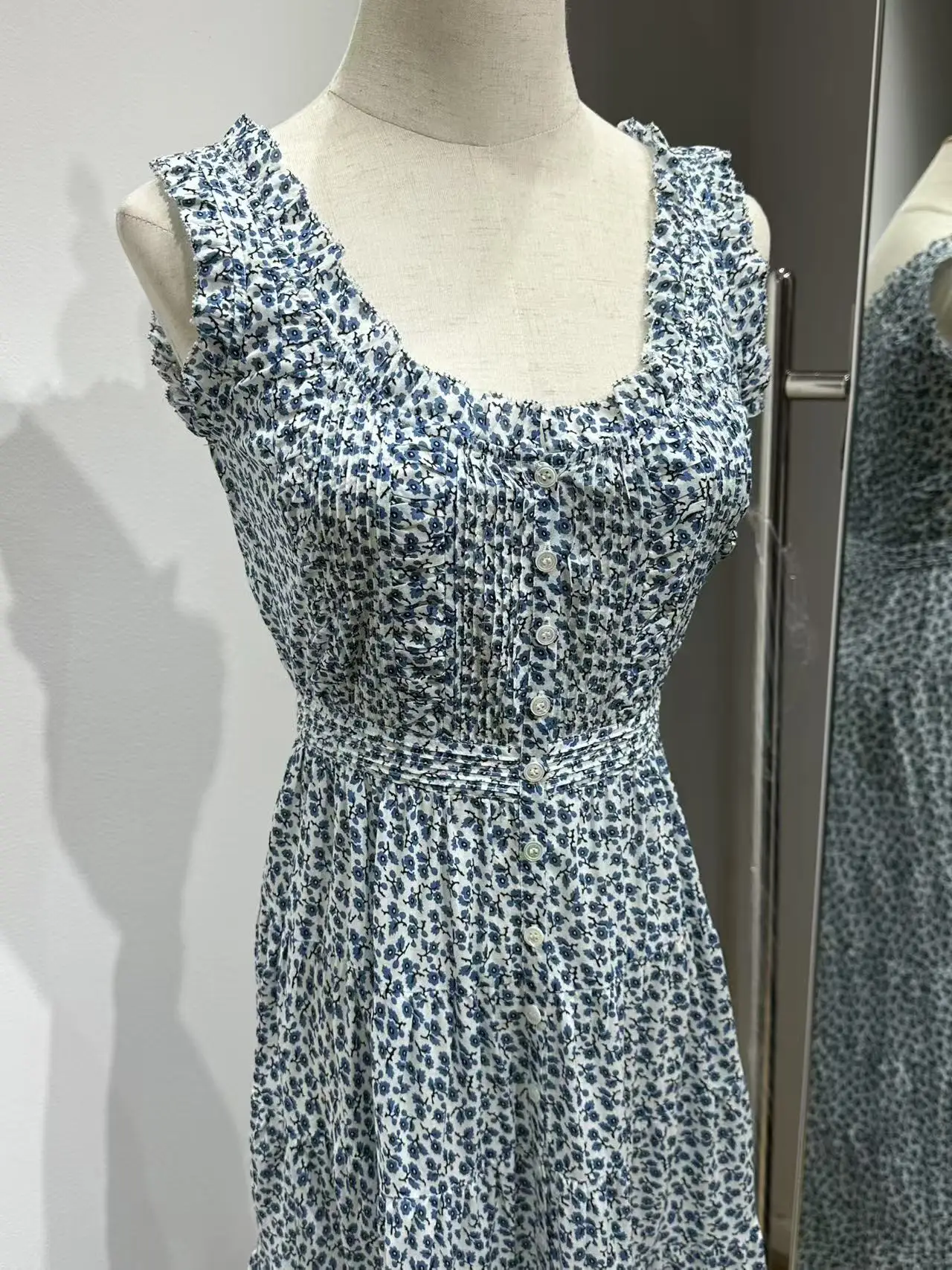 Vestido largo sin mangas con cuello redondo y estampado de flores retro de algodón para mujer