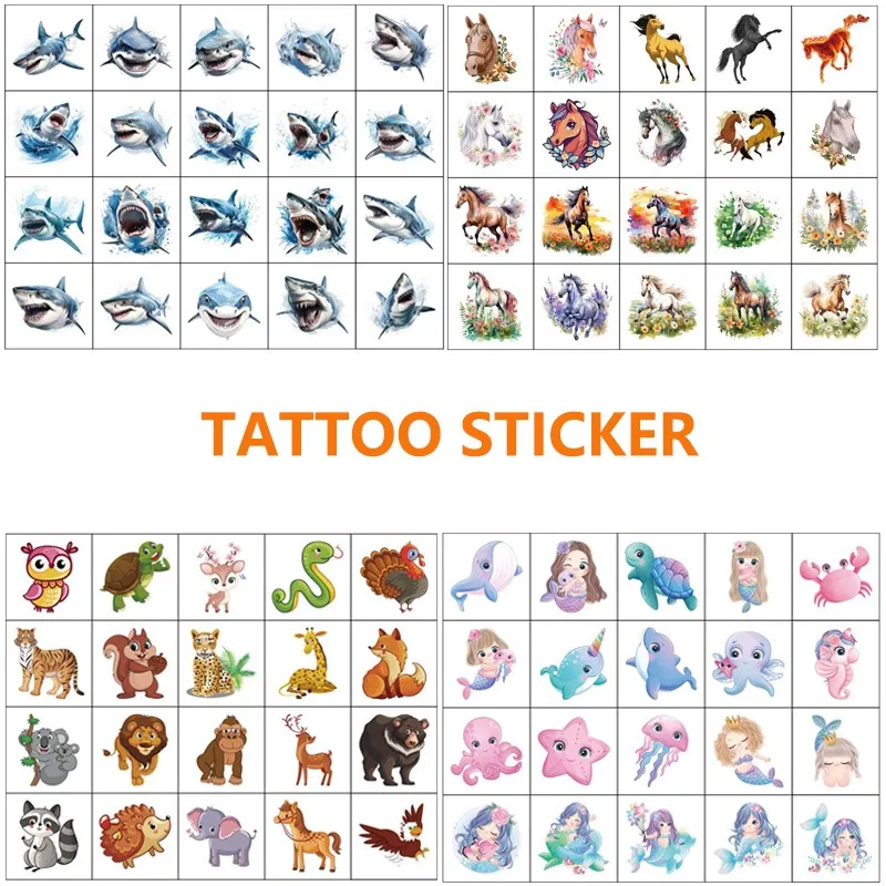 20Pcs/set Animal Horse Temporary Tattoo Stickers Cartoon Mermaid Shark Children Waterproof Tattoo For Kids Funny Birthday Gift