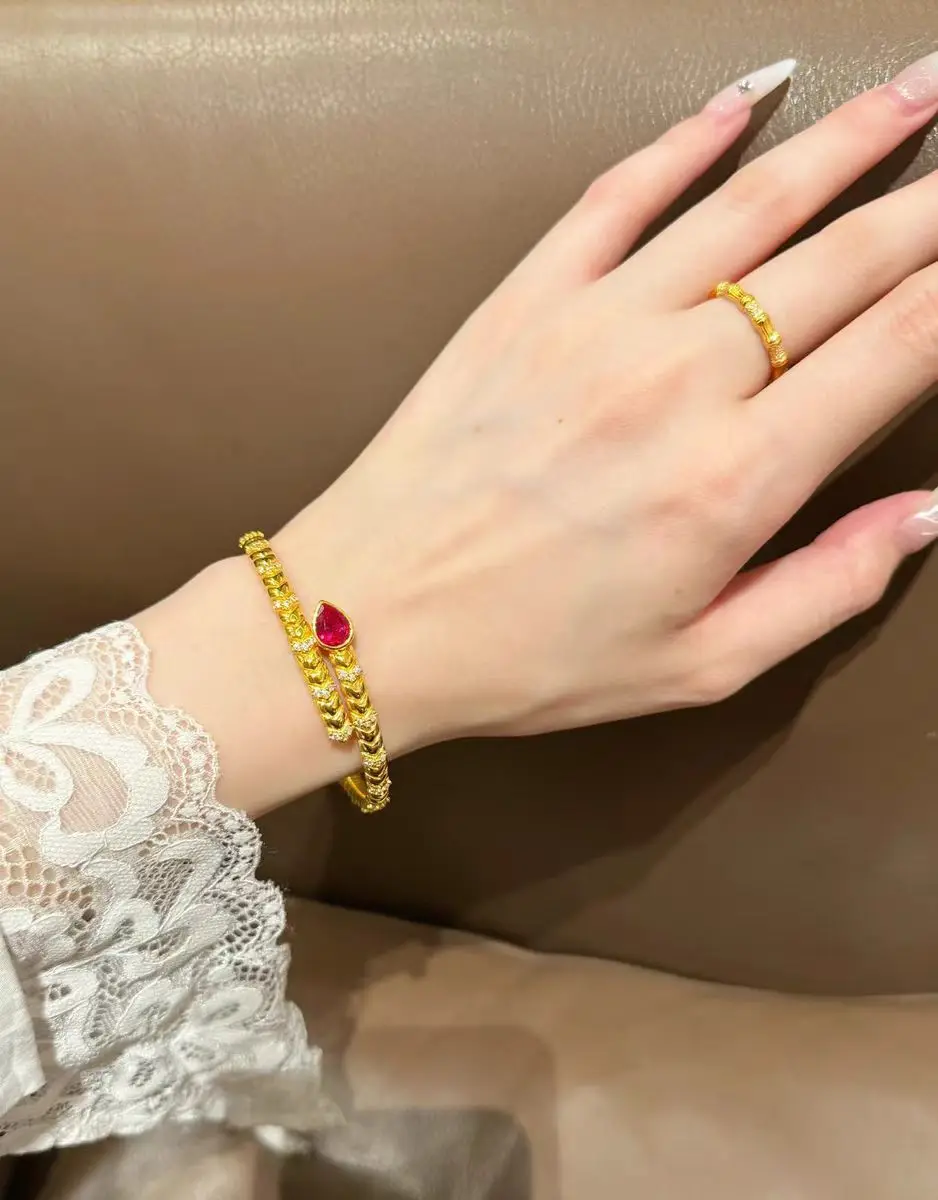 Premium 9999 Gold Light Luxury Bracelet Ring Set Women\'s Fashion Noble Zodiac Year Snake Bracelet Open Band Ring