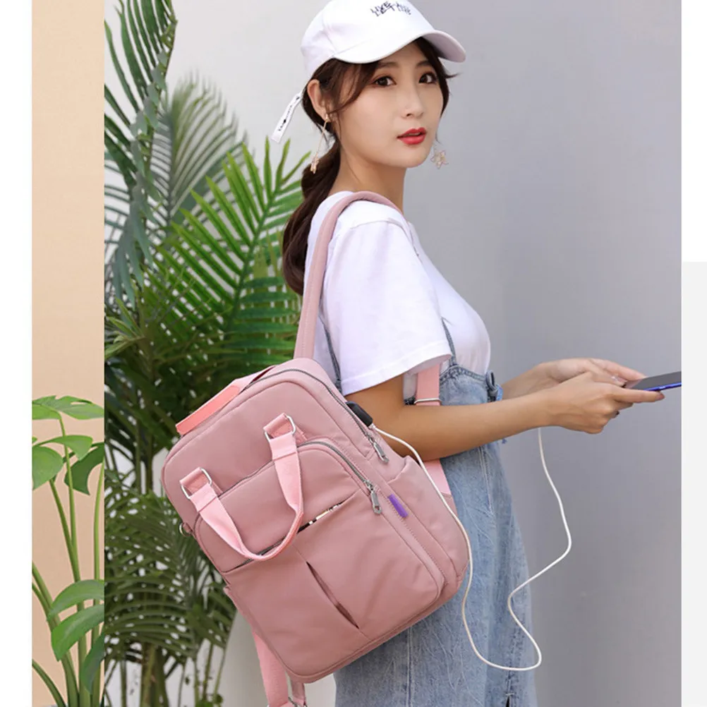 USB Charging Backpack Light Pink Large Capacity Nylon Laptop Bag Business Travel School Casual Computer Backpack