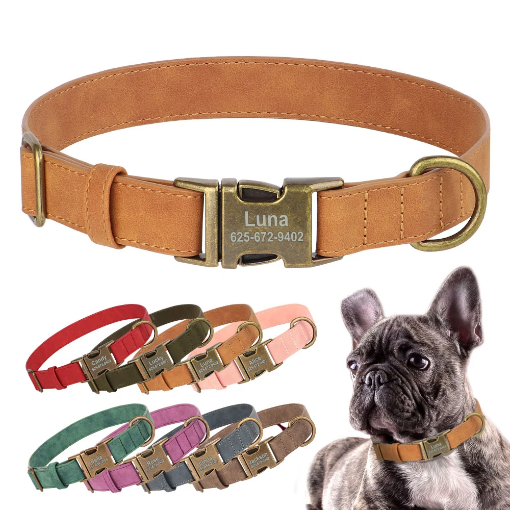 Collar de perro personalizado, collares de cuero PU personalizados para perros, Collar con hebilla de identificación de nombre de mascota para perros pequeños, medianos y grandes, Pitbull Pug