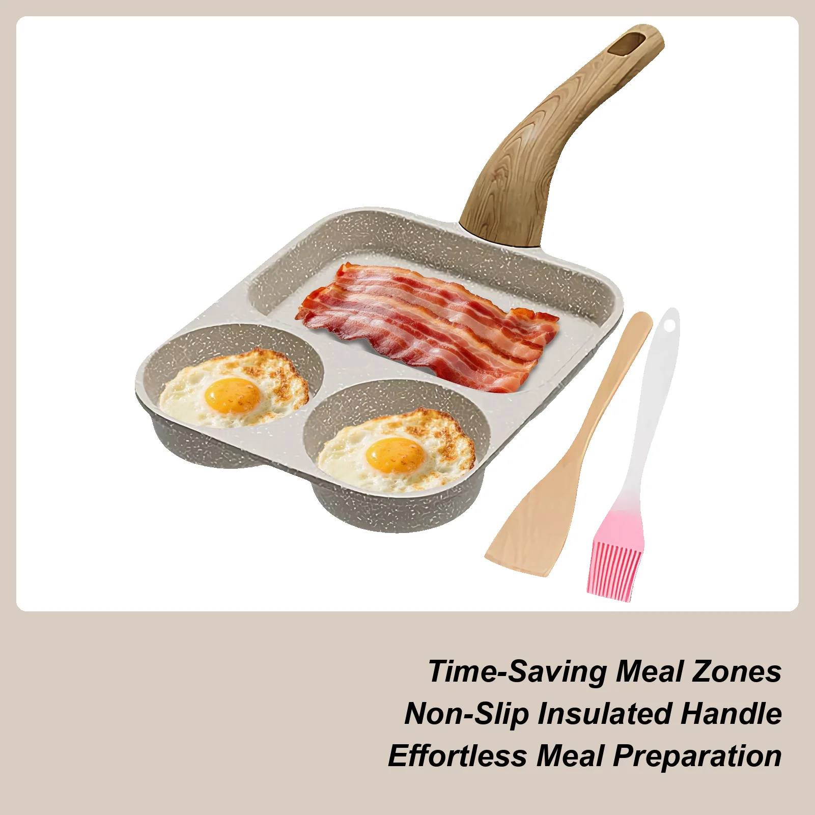 

Сковорода для яиц, 3-секционная антипригарная сковорода для блинов с лопаточкой и кистью, термостойкая ручка, сковорода для омлета, бекона, еды