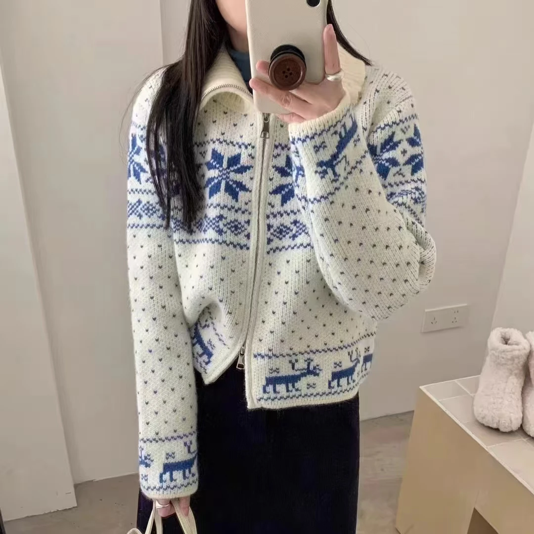 

Женский гобеленовый кардиган Y2K в стиле ретро, контрастная молния, многофункциональный рождественский свитер
