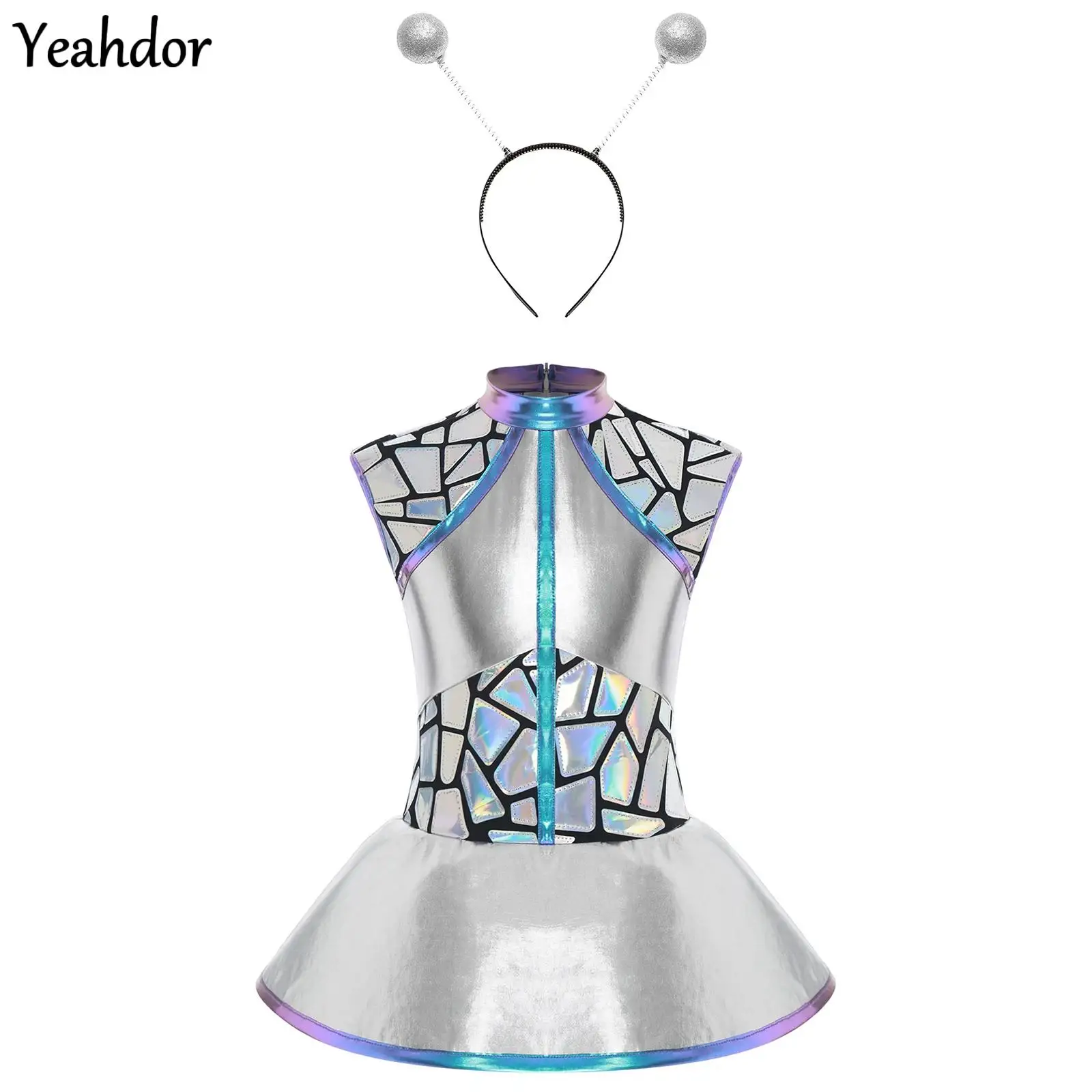 

Girls Shiny Metallic Alien Costume Halloween Outer Space Astronaut Sequin Tutu Dress with Antennas Hair Hoop Set Fancy Dress Up