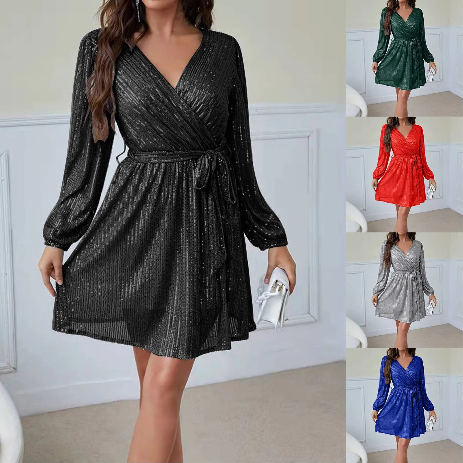 Dresses For Women 2024 Solid Color Long Sleeve V Neck Tie Waist A-Line Glitter Sparkly Sequin Black Dresses Shiny Women's Dress