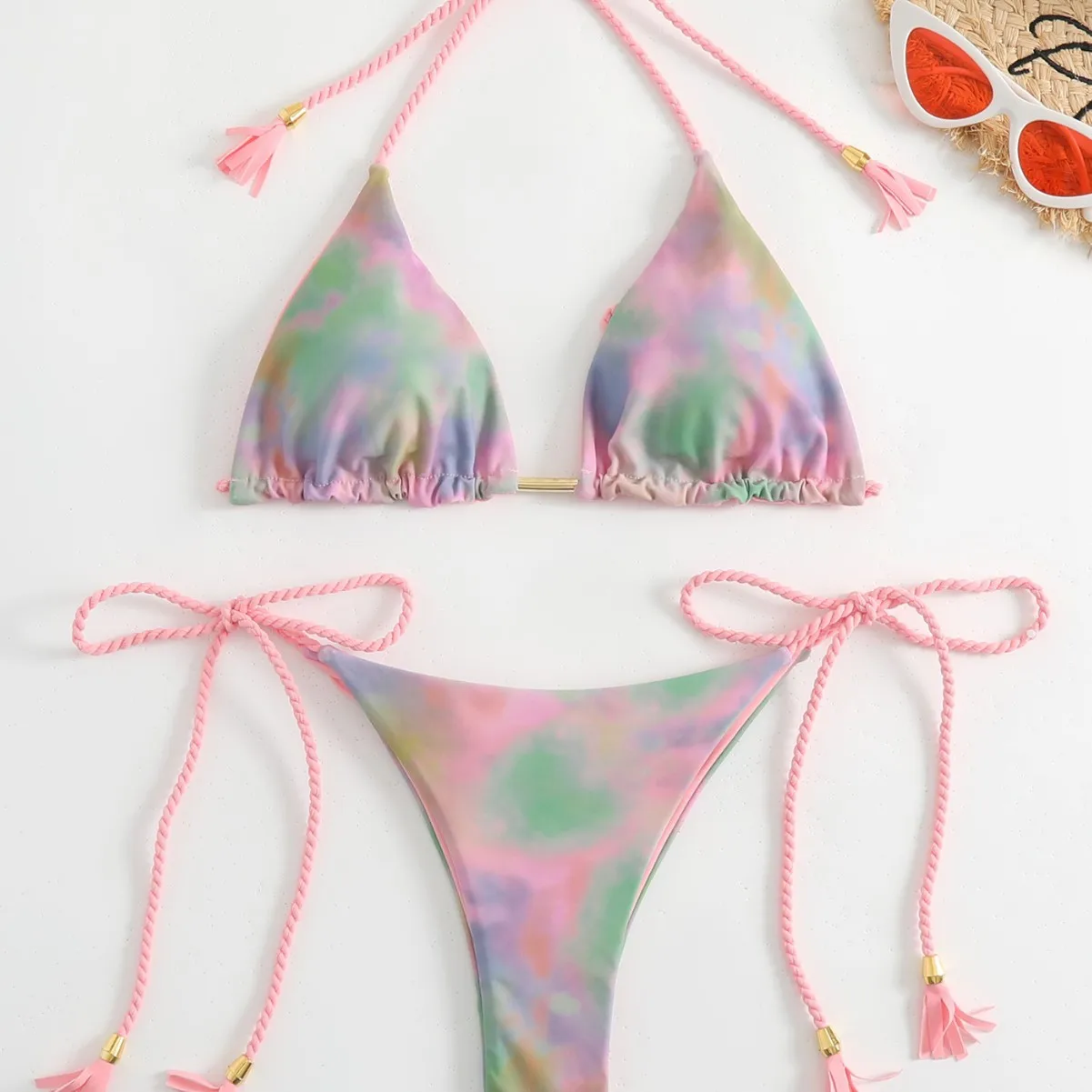 ชุดว่ายน้ำลายเสือดาวสำหรับผู้หญิง ชุดบิกินี่แบบผูกเชือก ชุดว่ายน้ำสองชิ้นทรงสามเหลี่ยม ชุดว่ายน้ำบราซิลเลียนบิกินี่สำหรับผู้หญิง