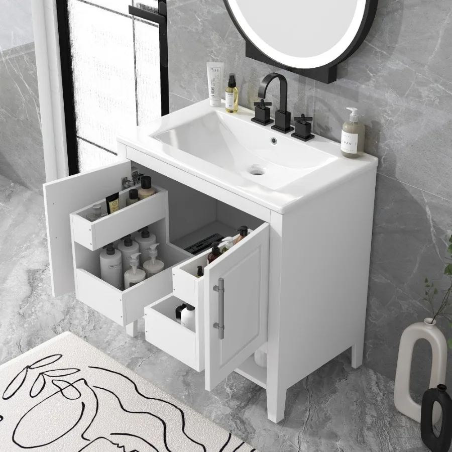 30" Bathroom Vanity with Sink, Multi-functional Bathroom Cabinet with Doors and Drawers, Solid Frame and MDF Board, Whit image 4