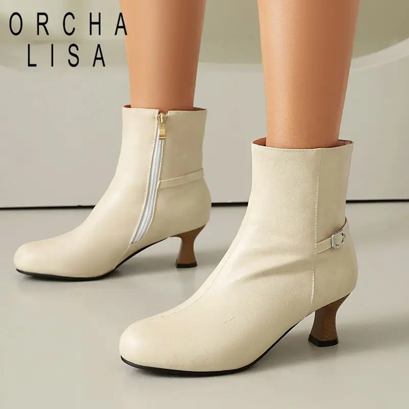 

ORCHA LISAFashion Office Lady Ankle Boots Round Toe Zipper Belt Buckle 5.5cm Small Heels Large Size 43 44 45 Women Daily Short