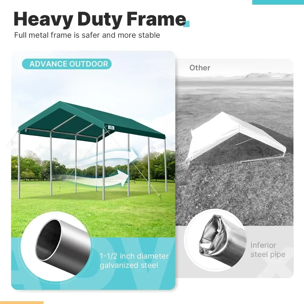 10x20 ft Heavy Duty Carport Potable Car Canopy Garage Party Tent Boat Shelter, Adjustable Height from 9.5 ft to 11 ft, Green