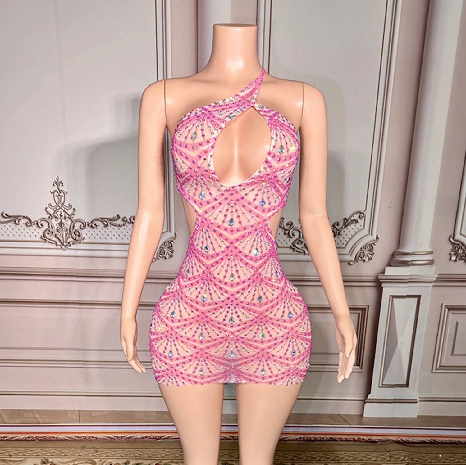 Abito estivo da donna sexy con stampa rosa AB diamanti ritagliati aderente mini celebrità da sera club party abito intero da spiaggia per le vacanze