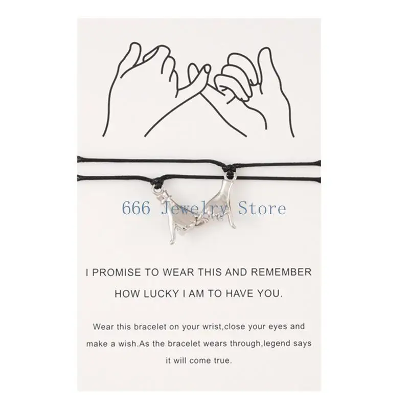 F2TD 2x Pinky Promise Black Hemp for Wish Bracelet Silver Tone Alloy Charm on Printed Card Unisex Jewelry for Couple Friend G view 5