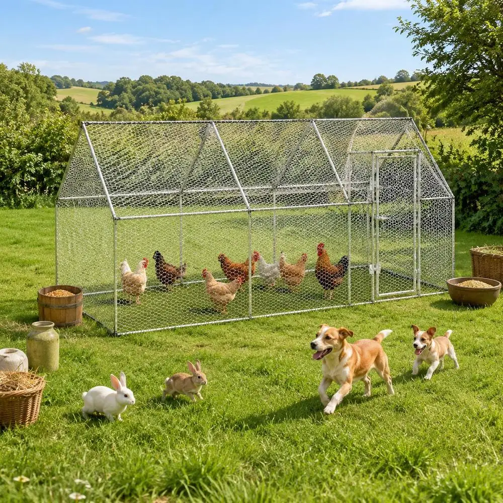 Grand Poulailler 400x100x190 cm pour l'élevage de volailles, jardin et cour arrière, structure en acier galvanisé, grillage à mailles fines, toit incliné, espace extérieur sécurisé, grande porte pivotante, verrouillage manuel, montage manuel, modulaire