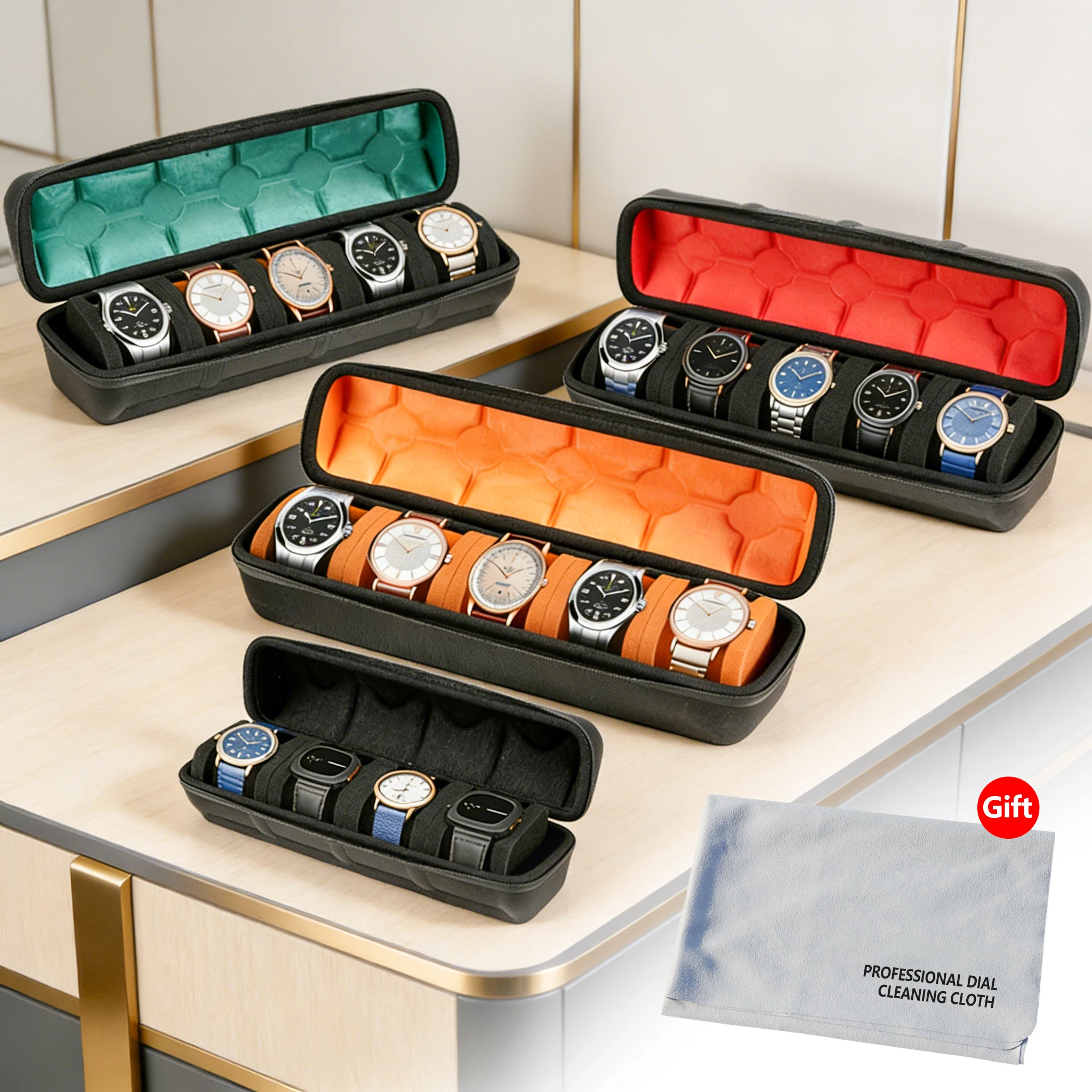 1pc 5-Slot Watch Case | Hard Shell Travel Organizer with Pillow Insert - Gift Ready (Black),suitable for smart watch storage