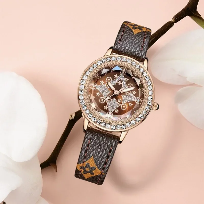 Leather Bands Women Watch Luxury Diamond Lucky Star Quartz Watch Fashion  3 Bar Waterproof Lady Clock