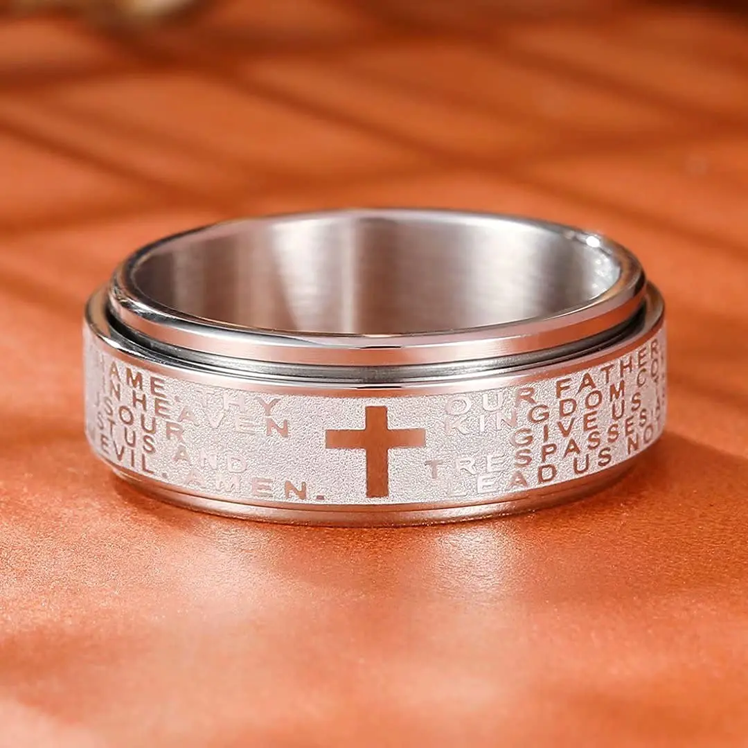 Stainless Steel Anxiety Rings For Men Women Christian Cross Religious Spinner Chain Rings Anti Stress Retro Amulet Jewelry