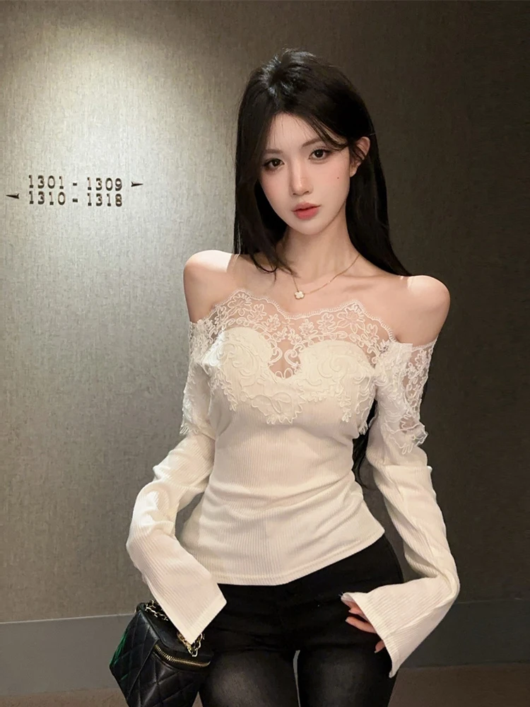 White Lace Splice One Shoulder Long Sleeve Base Shirt Pure Desire Atmosphere Show Skeleton Design Slimming Effectiveness Smal...