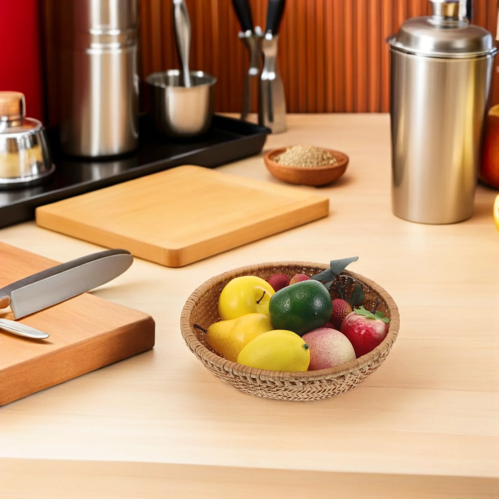 

Bamboo Woven Serving Tray Handmade - Round Fruit Vegetable Storage Basket for Kitchen Garden Picnic - Breathable