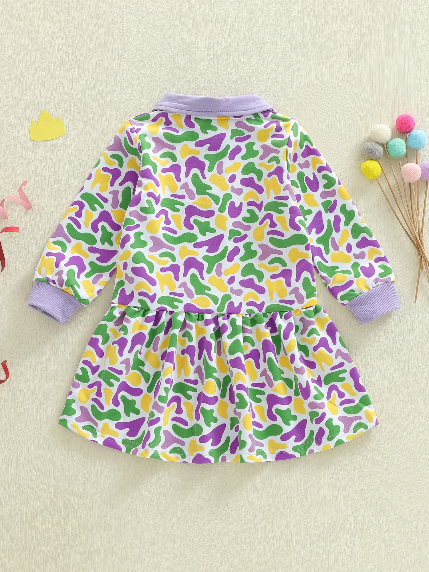 فستان ماردي غرا للفتيات الصغيرات، فستان مموه برقبة مقلوبة وأكمام طويلة على شكل حرف A #3