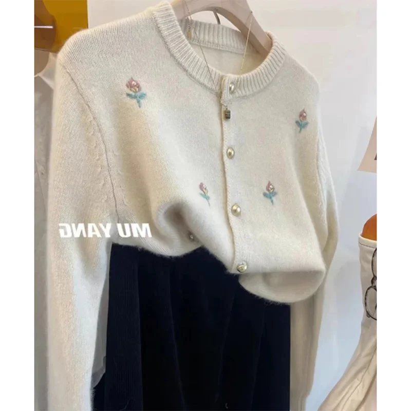 Autumn Winter Soft Wool Lazy Fashion Embroidery Slim Sweater Women\'s Clothing O-neck Casual Gray Basic Thick Knitted Cardigan