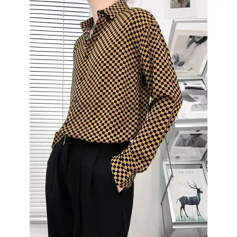 Fashion Lapel Button Korean Printed Plaid Shirts Men\'s Clothing 2024 Spring New Loose Casual Tops Long Sleeve All-matc Shirts