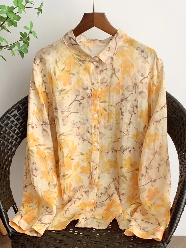 

Retro Casual Loose Long Sve Printed irt Women's Spring Summer Design Sensation Versatile Top Faion Ladies irt