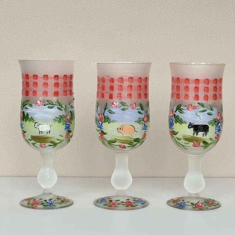 

Pre-loved hand-painted animal motif farm goblet glass