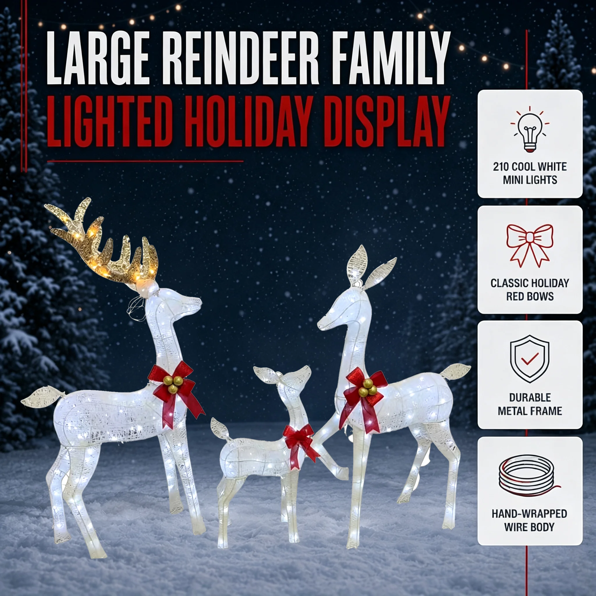 Lighted Holiday Displays 3D Deer Family Set Of 3 (Buck Doe & Fawn) 105+70+35 White Lights.Luminated Animal Decor For Garden, Yard, Porch, Patio, Living Room, Window, Entryway, Holiday Party Scene, Holiday Wireframe Lights, Standing Holiday Decor