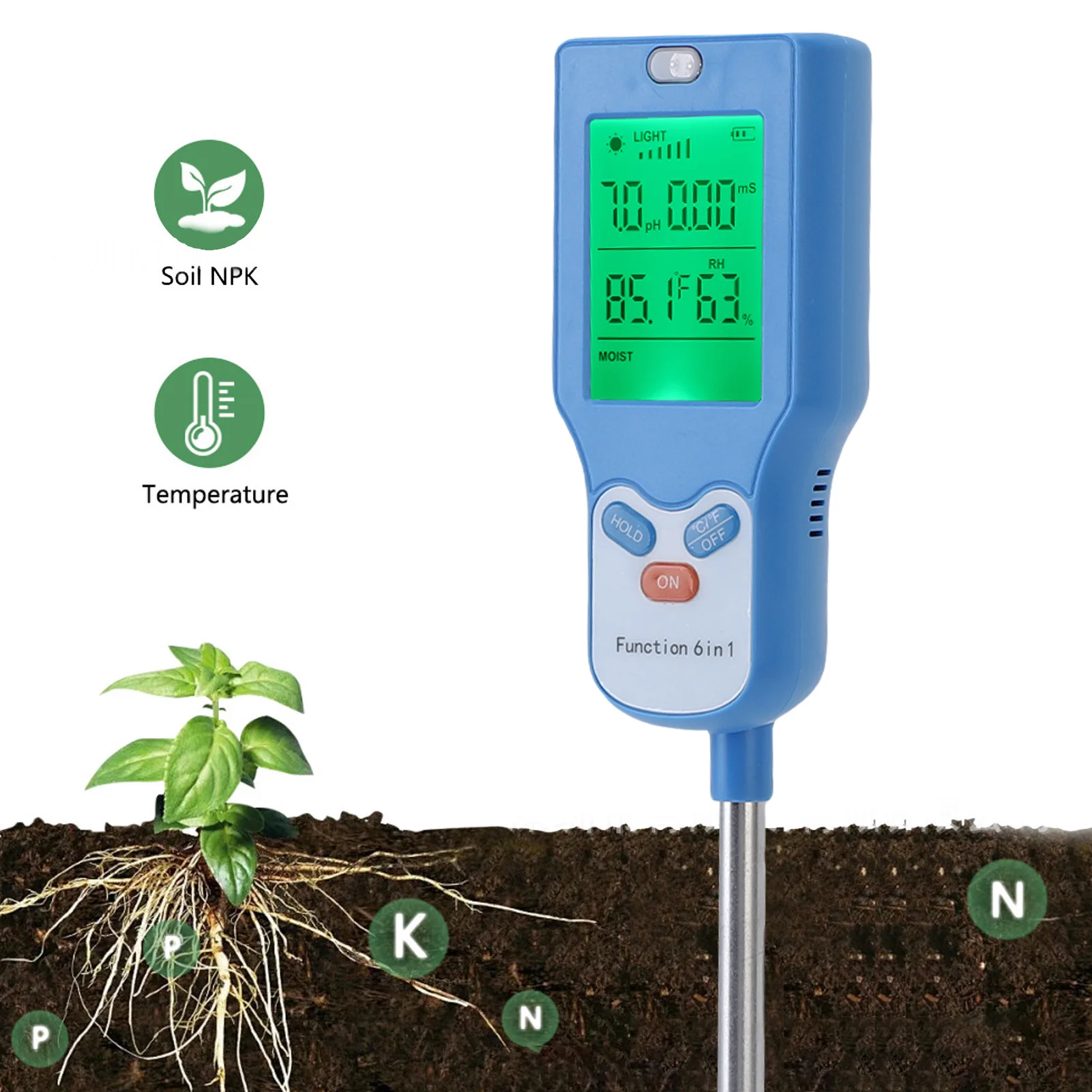 

6-in-Soil Digital Tester PH Temp Sunlight Humidity Fertility Meter w/LCD Display Accurate Detection for Garden Farm Lawn Care