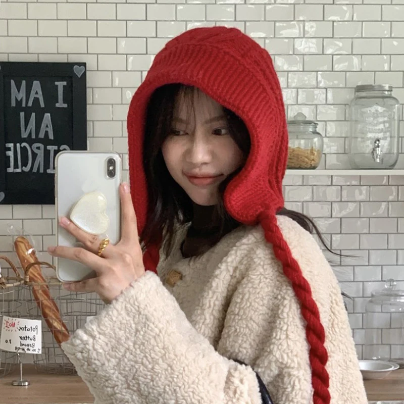 

Red Bomber Hat Winter Warm Cute Fried Dough Twist Braid Ear Protection Knit Cap Korean Fashion Ski Women's Caps Gorros