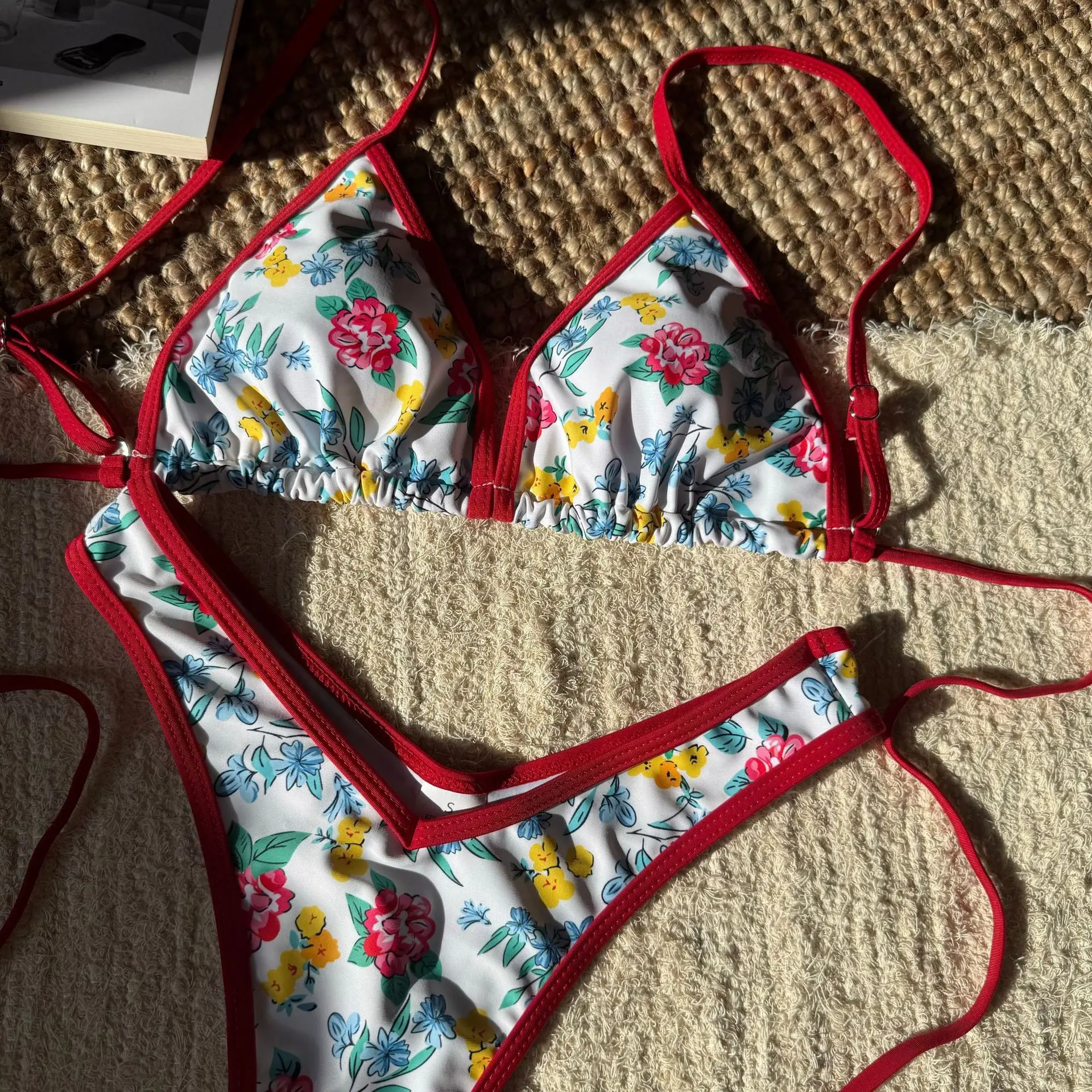 Sexy flor impressão micro mini biquinis define duas peças retalhos v-cintura gravata maiô maiô biquini tankini