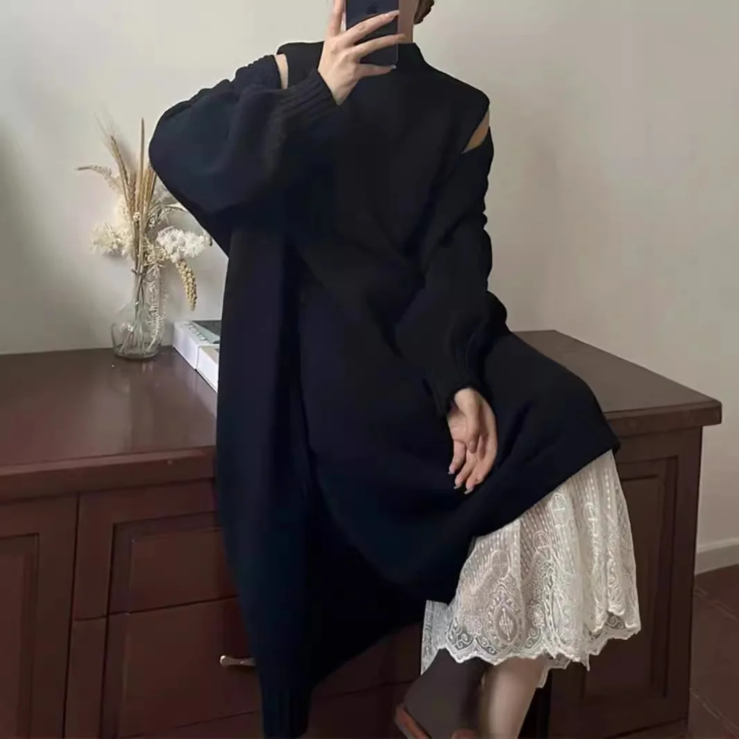 Gestricktes, solides Kleid-Set, ärmellos, knöchellang, Rollkragenpullover, Kleid, lockere Strickjacke, Oberbekleidung, High Street, Herbst 2025,