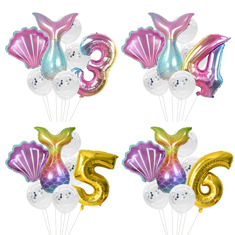 7pcs/lot Mermaid Party Balloons 32inch Rainbow Number Foil Balloon Kids Birthday Party Decor Baby Shower Decor Helium Globos