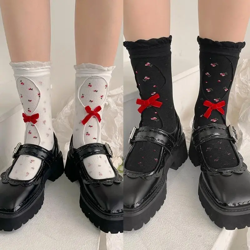 195E damskie plisowane, marszczone wykończenia skarpetki załogi styl japoński Vintage kwiatowy Print Hollow Out siatka