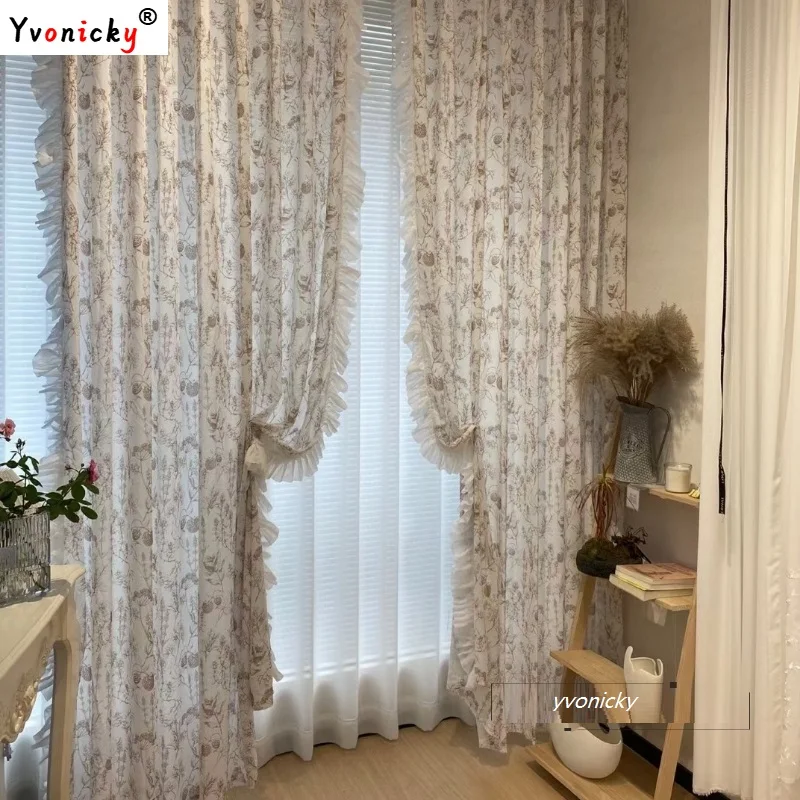 

Princess Floral Blackout Curtains for Living Room Korean Lotus Leaf Edge Cortinas for Girls' Bedroom Home Deco Soft Fabrics