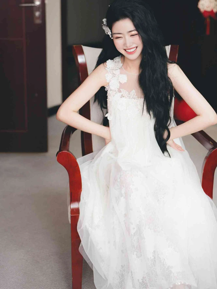 

Элегантное кружевное свадебное платье в стиле принцессы с завышенной талией, А-силуэт, длинное платье для помолвки и свадебной церемонии