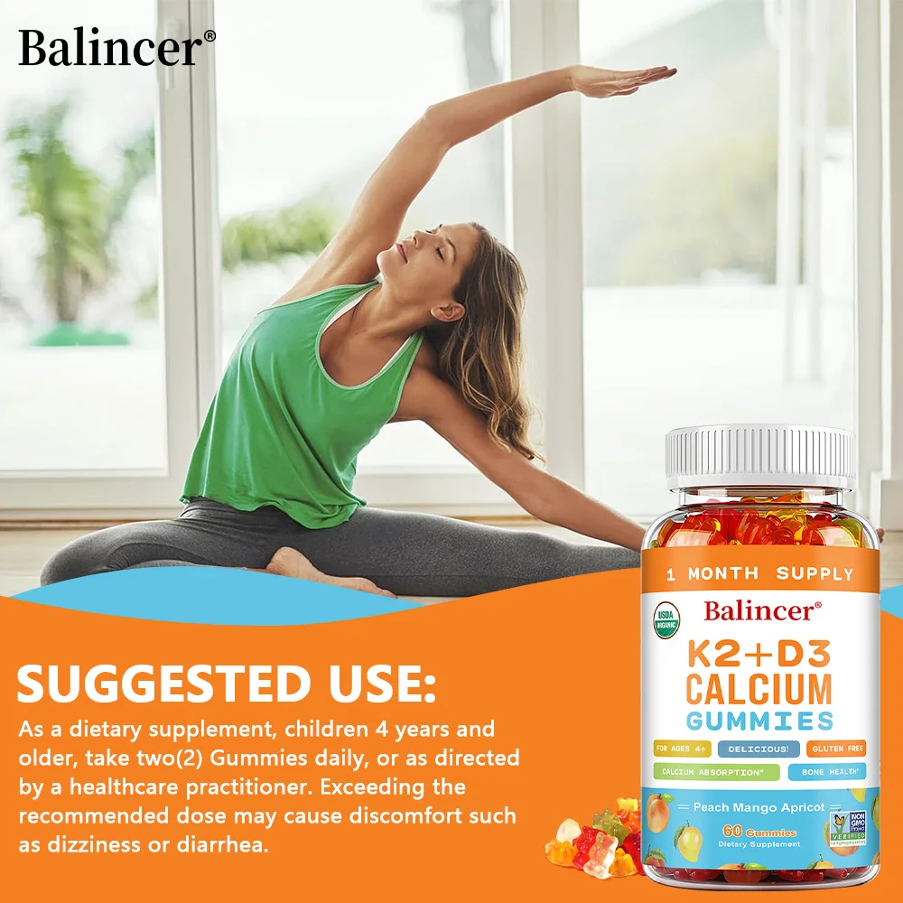 Gomas 3 em 1 com vitaminas D, K2, e suplementos de cálcio para apoiar a saúde óssea e o coração e aumentar a saúde imunológica